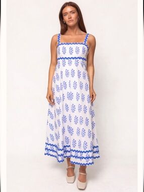 Ivy City Co Palmer Dress Blue Block Print Ric Rac Cotton Midi Small